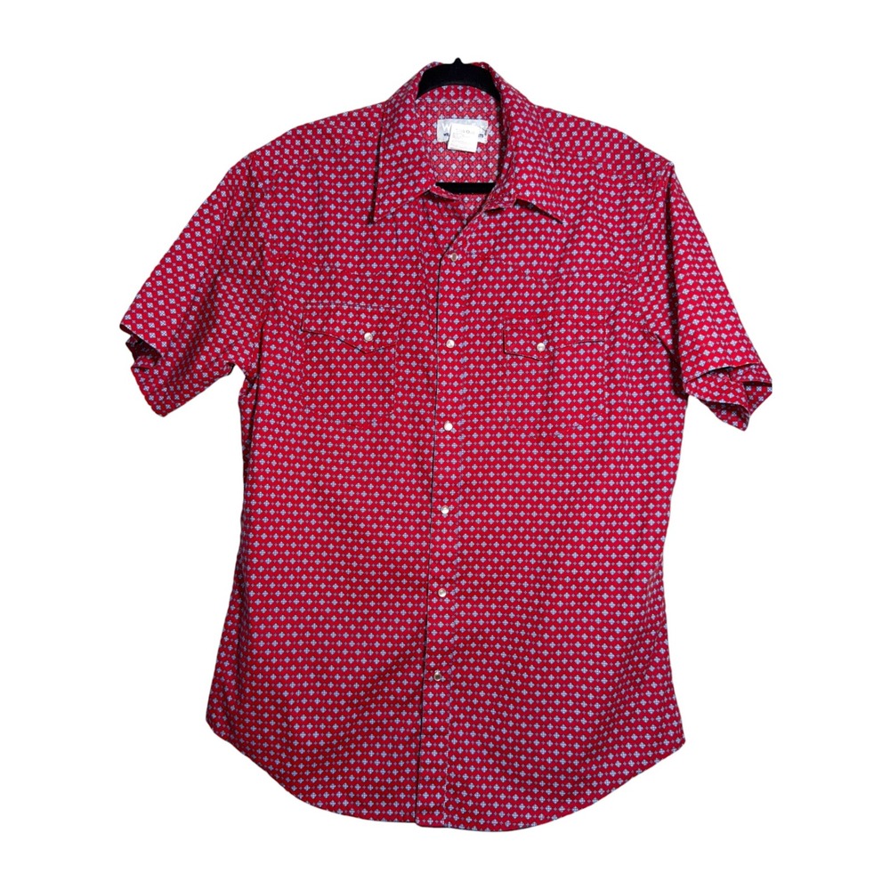 Wrangler Wrancher Pearl Snap Western Shirt Mens L Red Geometric Print